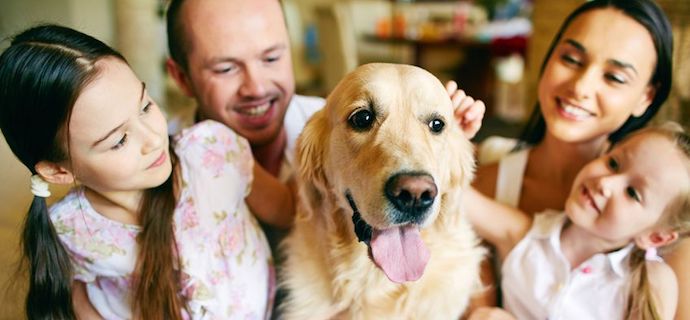 Photo : Une famille (un père, une mère et leurs deux filles) avec leur chien, un golden.